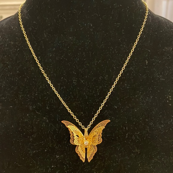 Vintage 14KGP 14K Gold Plated Butterfly Pendant Statement Necklace - Picture 1 of 4